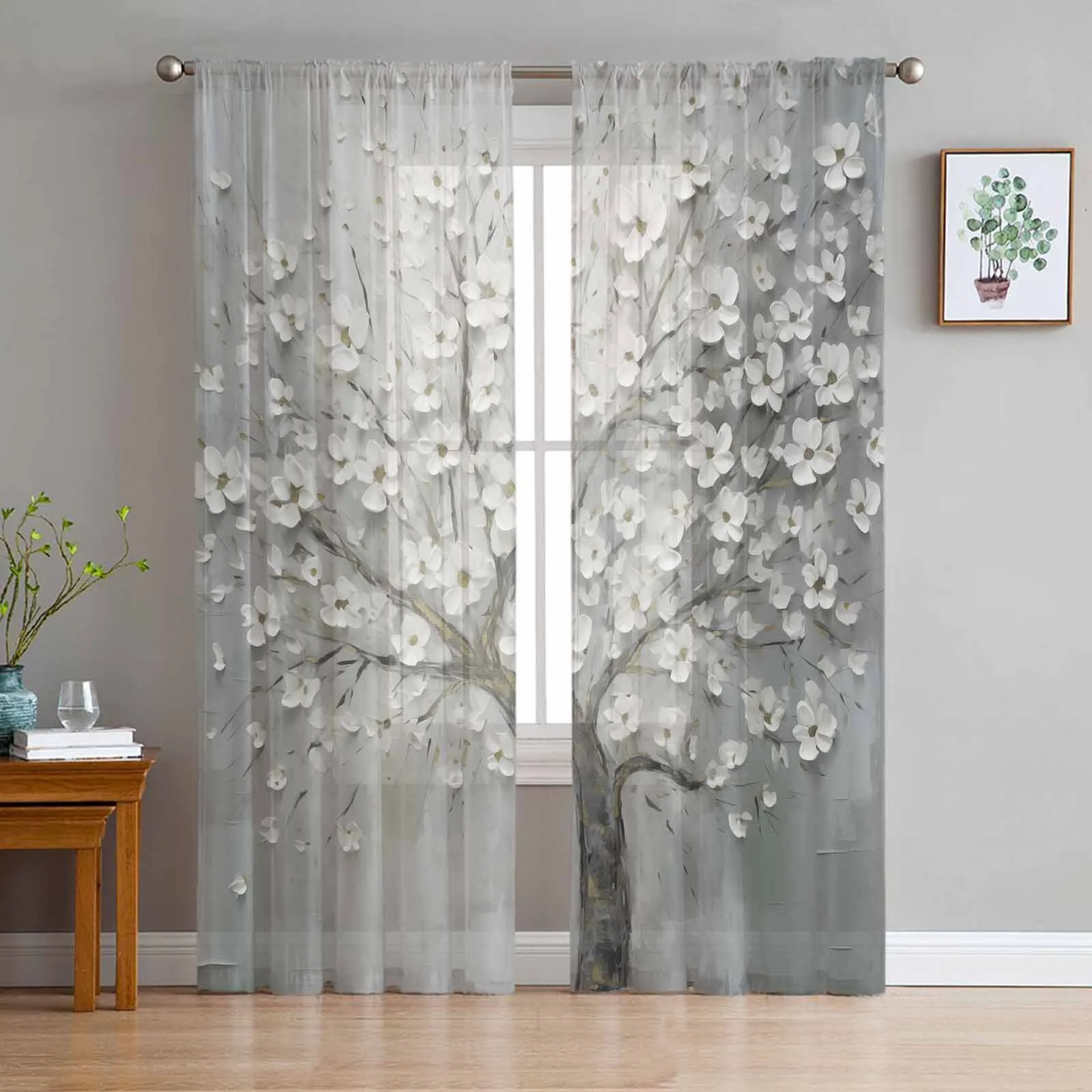 Tree Flower Oil Painting Style Flower Tulle Sheer Window Curtains for Living Room Kitchen Children Bedroom Voile Hanging Curtain