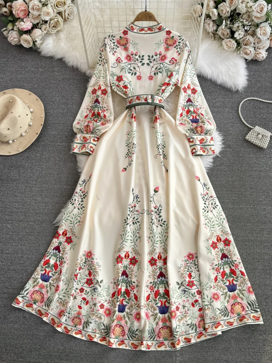 Vintage Court Sle Long Sve Stand Collar Slimming Single Button A-Line Print Maxi Dr Autumn Faion Women's Clothing