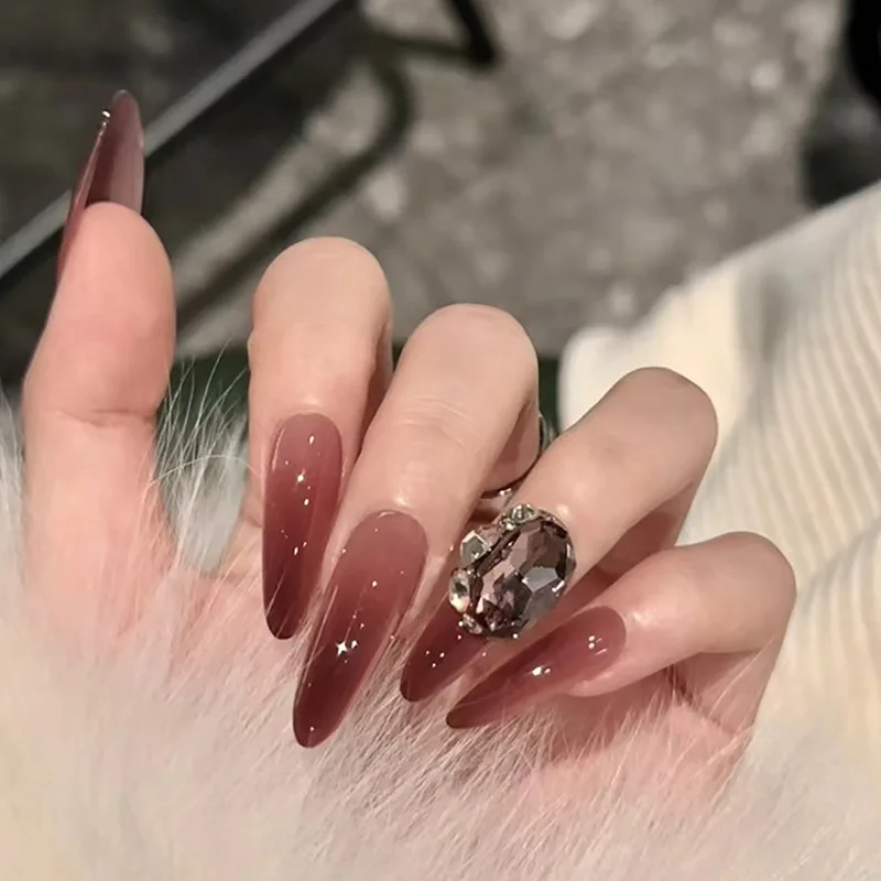 

24Pcs Long Round Head Press on Fake Nails with simple red Smudge Design False Nails Rhinestone Detachable Full Cover Nails Tips