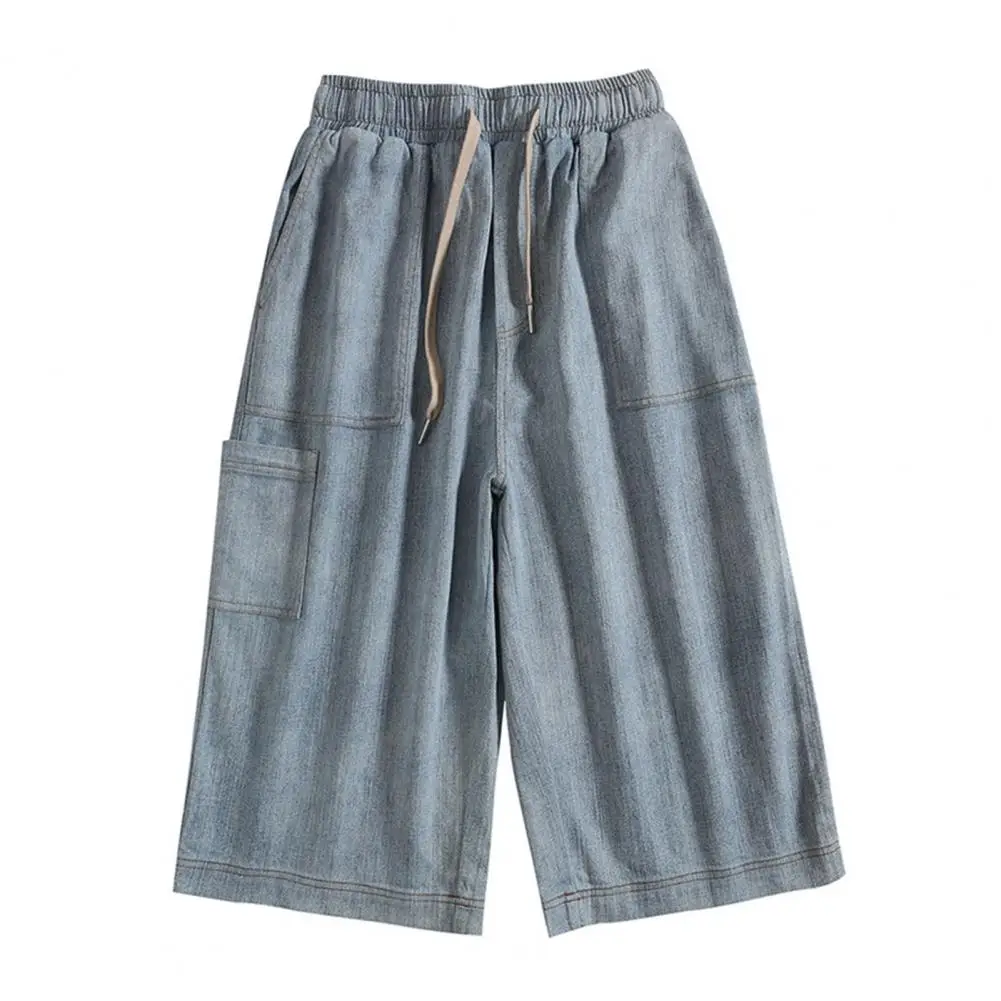 

Men Denim Shorts Loose Fit Denim Shorts Men's Summer Cropped Denim Cargo Trousers with Wide Leg Deep Crotch Elastic for Loose