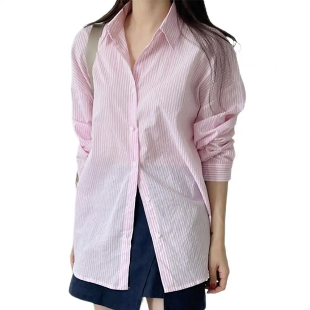 Top de manga comprida feminino, camisa solta, lapela, estampa listrada, material elástico macio para trabalho ou streetwear