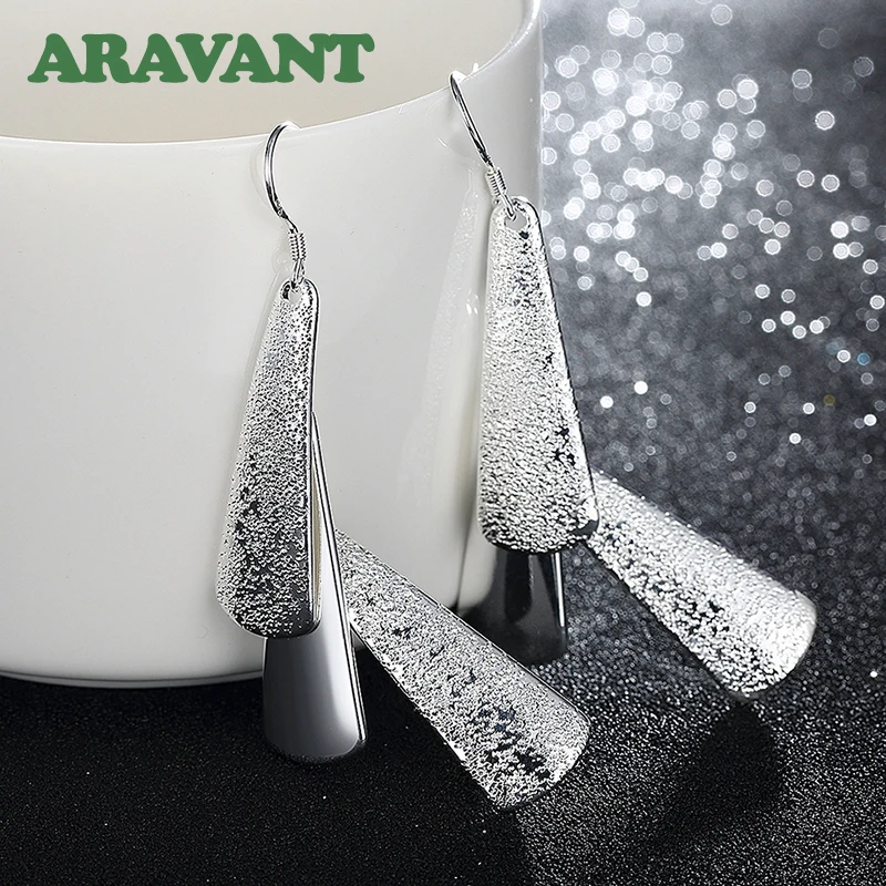 925 Silver Long Sanding Geometric Drop Earring For Women Wedding Fashion Jewelry