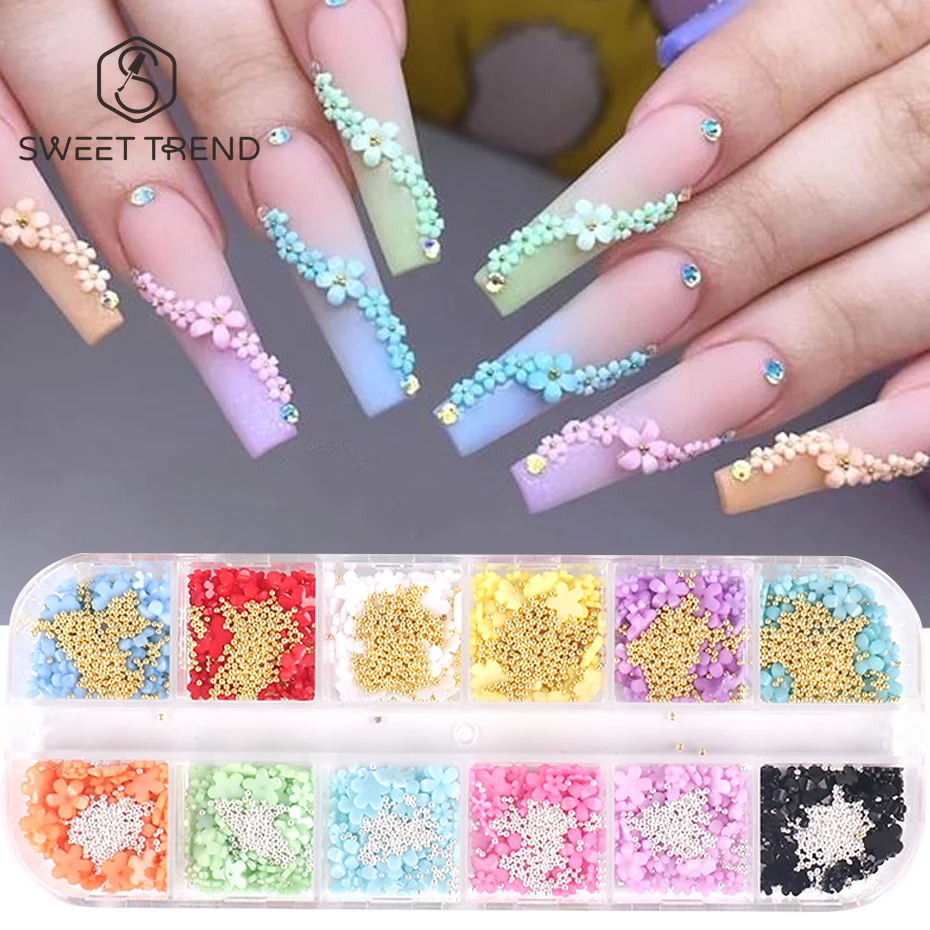 12-teiliges Set 3D-Blumen-Nagelcharms Silber Gold Gemischte Größen Stahlperlen Bunte Blütenblätter Nagelkunst-Teile DIY Maniküre Schmuckzubehör