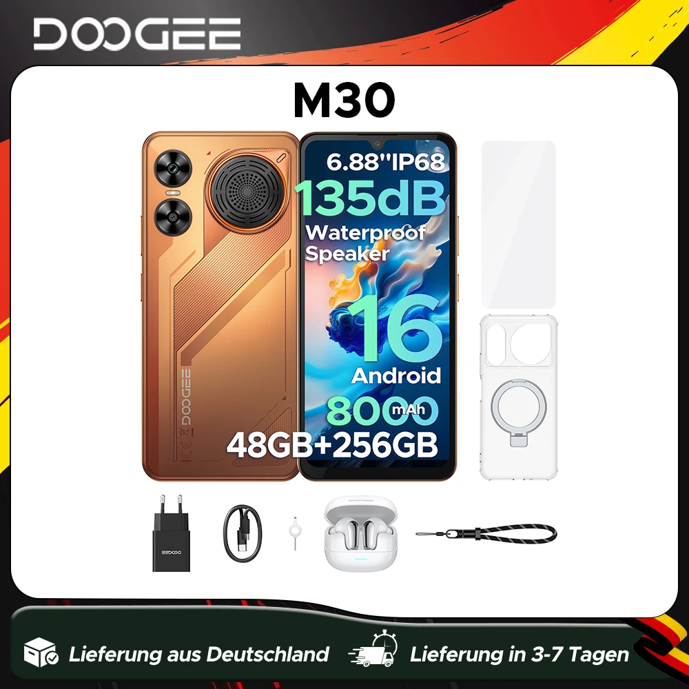 Smartphone DOOGEE M30, haut-parleur 135 dB, Android 16, batterie 8000 mAh, écran 6,88'', 48 Go de RAM (6 Go + 42 Go), 256 Go de ROM, UNISOC T7280, NFC