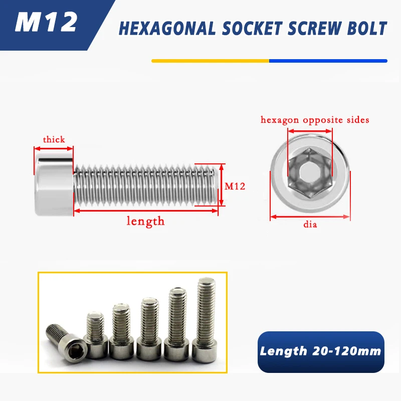 2/5pcs M12 Length 20-120mm 201 Stainless Steel Allen Hex Hexagon Socket Thin Low Short Profile Head Cap Bolt Screw