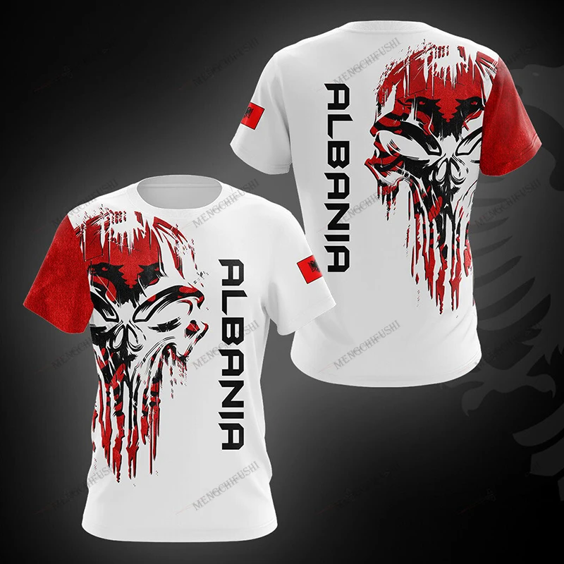 Summer Custom Name Albania Skull Graphic T-shirts Casual Men's Fashion Daily Jersey Short Sleeve Tops Outdoor Sportswear