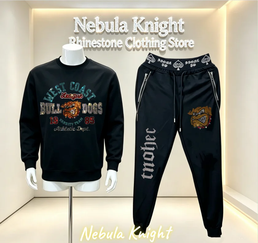 Men's Streetwear Designer Rhinestone Sports Suit Long Sleeve Sweatshirt Elastic Waist Jogging Pants Casual Two-Piece Outfit