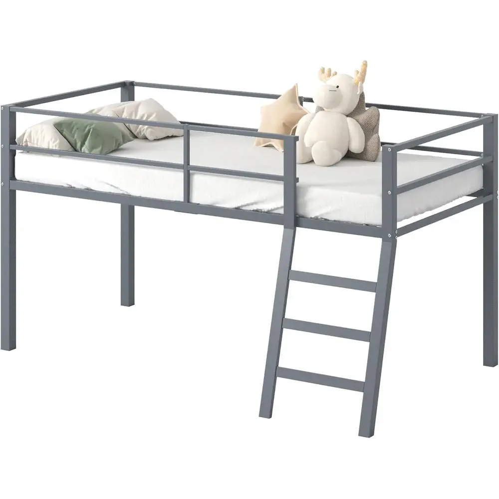 

Low Metal Twin Lot Bed with Ladder and Guardrail or Kids or Teens, Space Saving Lot Bed Twin Size or Small Bedroom, Grey