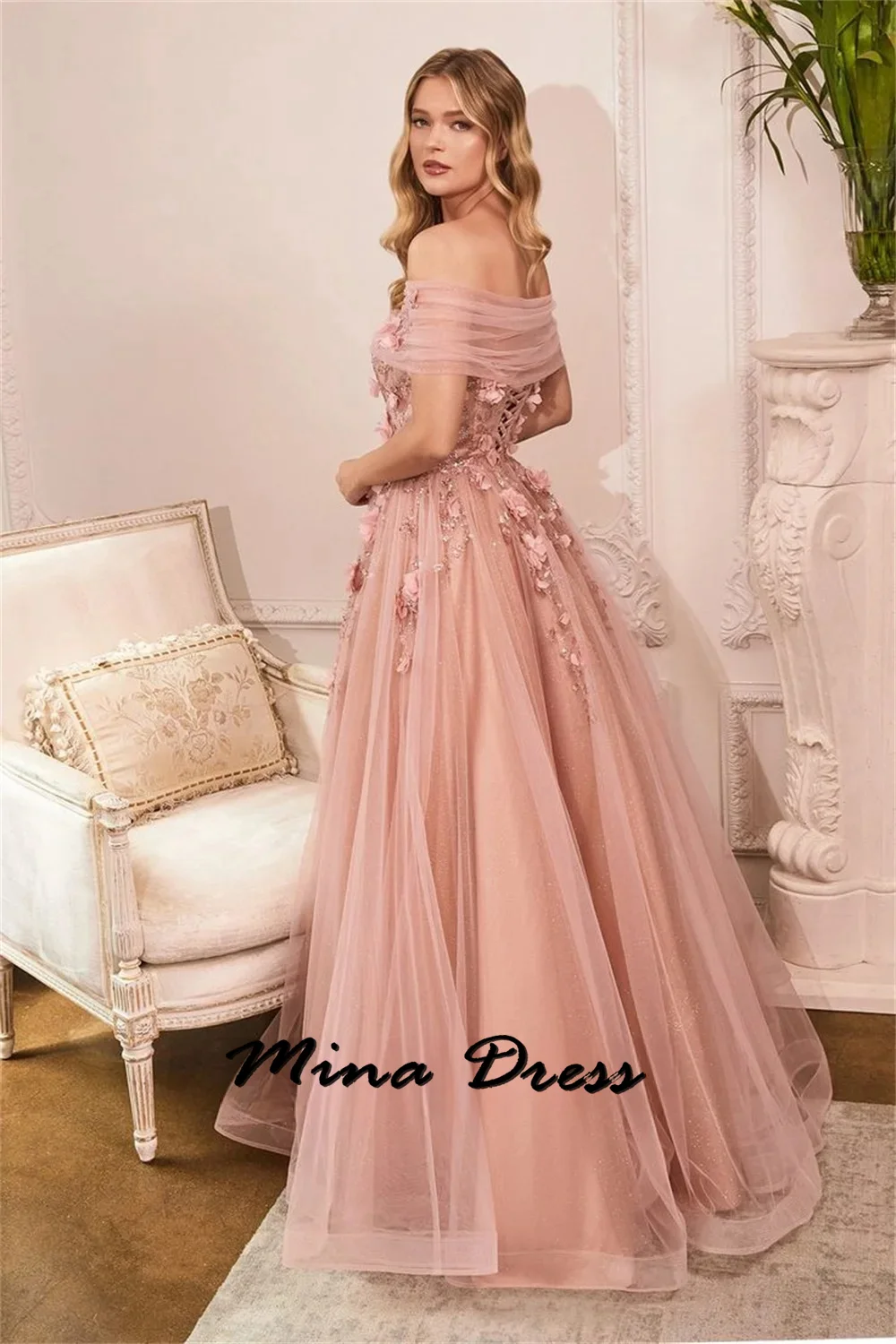 Mina Customized Strapless Luxurious Evening Dresses 2024 Luxury Flowers Backless Boat Collar Special Occasion Dresses Ball Gowns