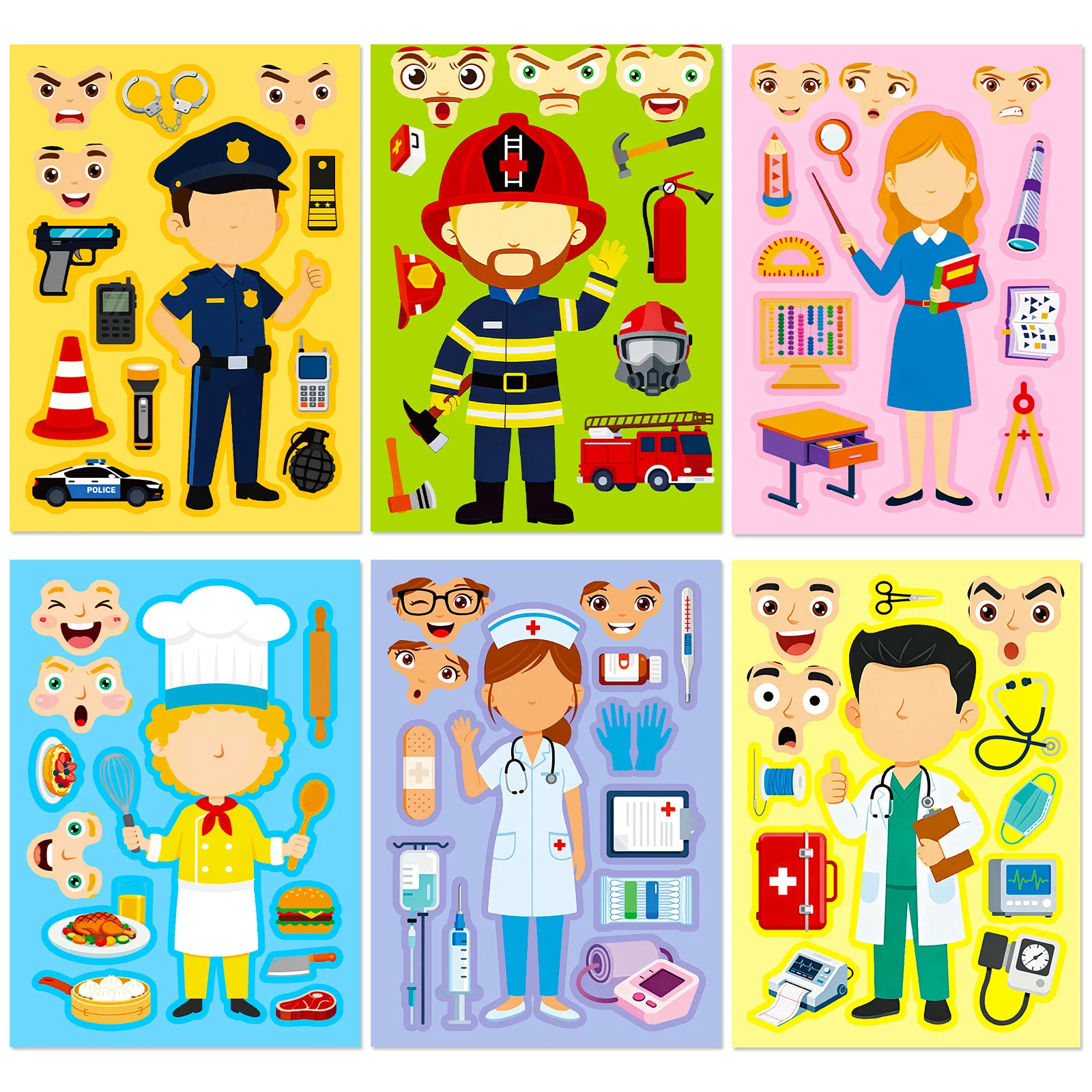 6Pcs cartoon professional dress-up puzzle sticker fun children's educational toys creative DIY material face-changing sticker image 3