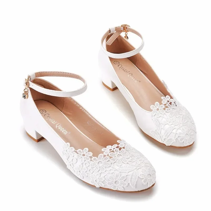 Woman Pumps Brand Design Lady Round Toe Lace Buckle Strap PU 3CM Square Heel Lady Wedding Fashion Women Shoes White