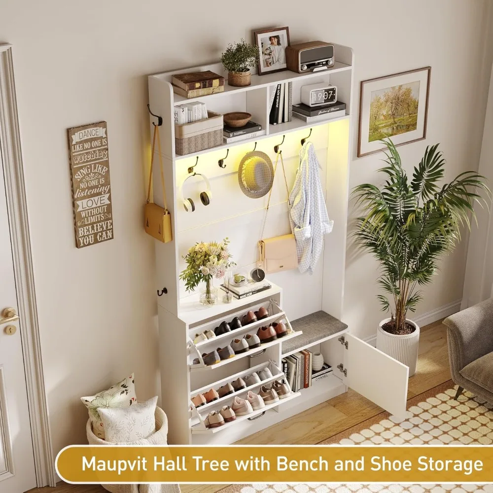 شجرة قاعة المدخل مع مقعد وتخزين الأحذية، شجرة القاعة الضيقة 5 في 1 مع ضوء LED، مقعد مبطن و9 خطافات، 2 درج قابل للطي #5