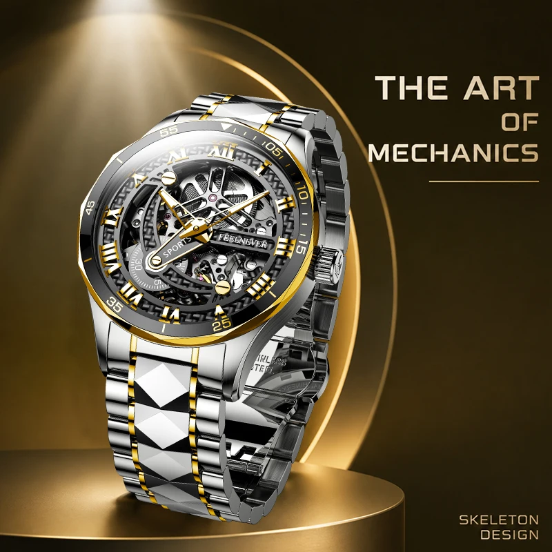 FeelNever Original Design Luxury Automatic Man Watch Hollow Out Business Stainless Steel Band Waterproof Mechanical Watches Male view 4