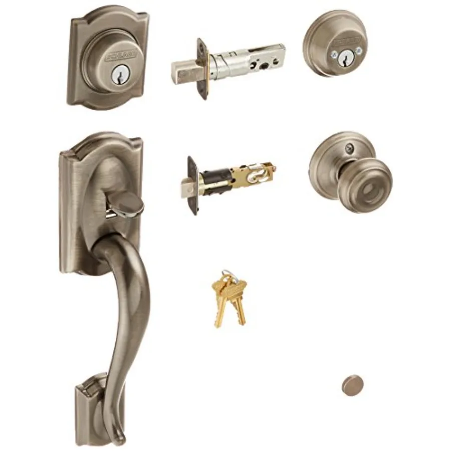 

SCHLAGE F62CAM620GEO Camelot Ручка с ключом, 2-сторонняя с грузинской ручкой, антикварная оловянная фурнитура для внутренней двери в античном олове