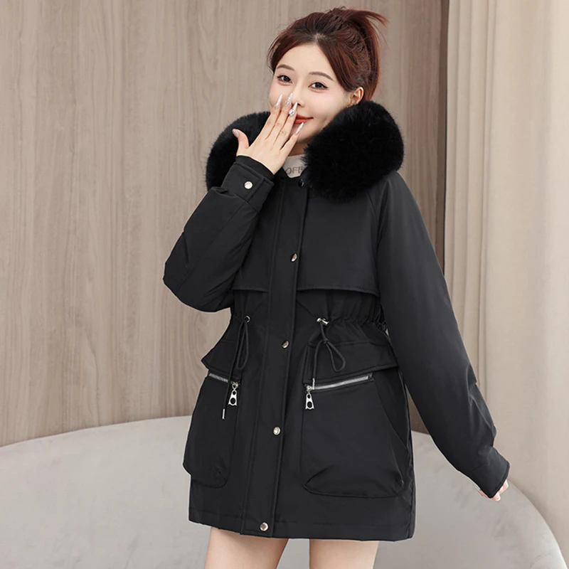 

Women's Parkas Loose 2025 Fashion Winter Jackets Detachable Liner Big Fur Collar Hooded Cotton Padded Jackets Mid-Length Outwear
