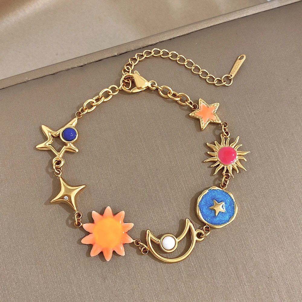 Cute Enamel Sun Star Moon Link Chain Bracelet for Women Trendy Gold Plated Stainless Steel Wristband Bracelets Jewelry Gifts