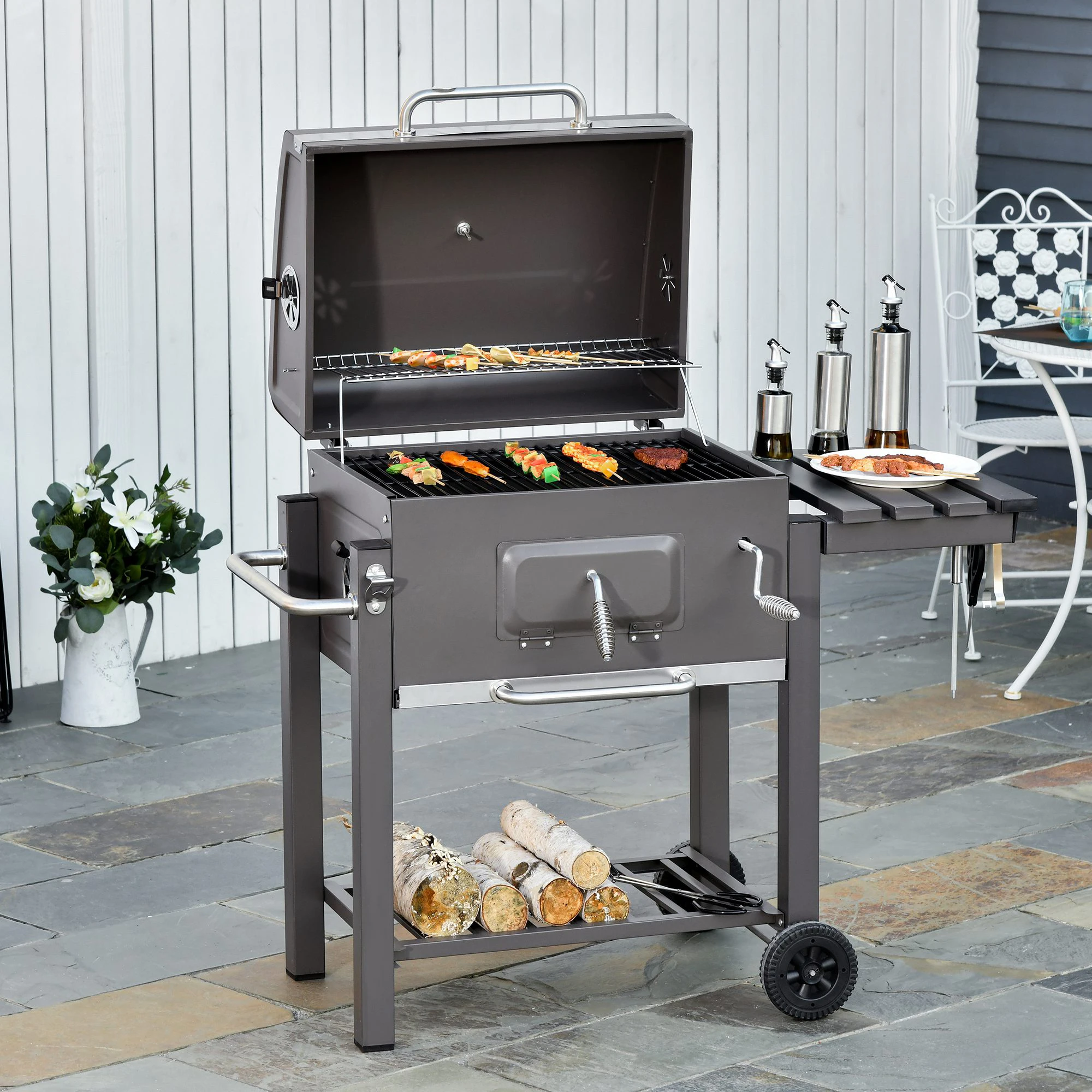 Outsunny Charcoal Grill BBQ Trolley Wheels Shelf Side Thermometer Steel Grey