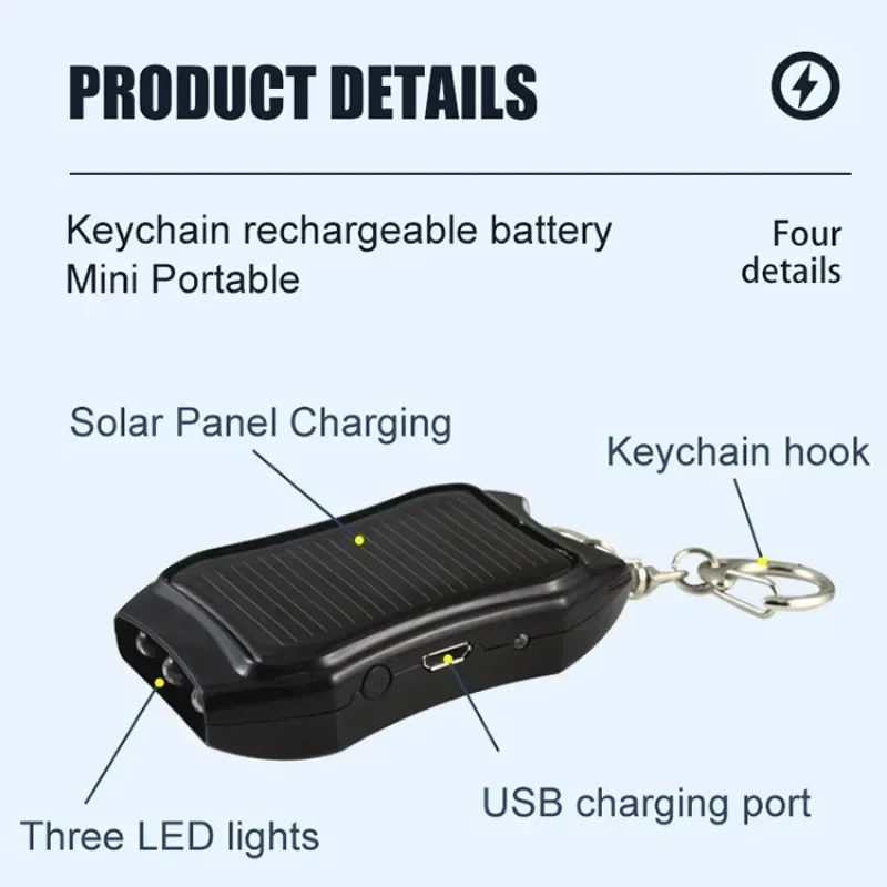 Multifunctional Powered 3 LED Flashlight 1000mAh Mini Solar Power Bank Portable Outdoor Lamp Keychain Charger for Mobile Phones