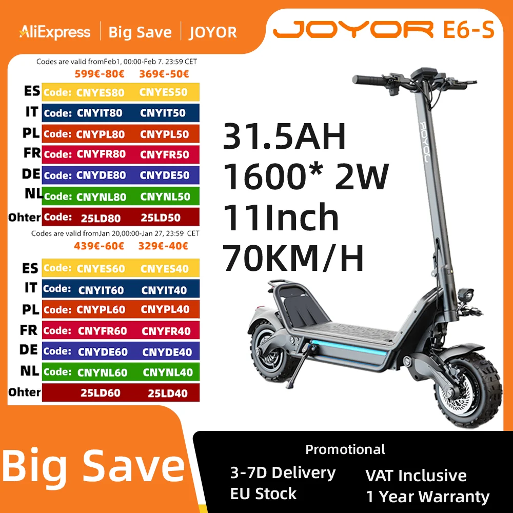 JOYOR E6S 3200W Dual Motor Off-Road Electric Scooter Double Drive Hoverboard 60V31.5AH Battery Foldable 2Wheel Electric Vehicle