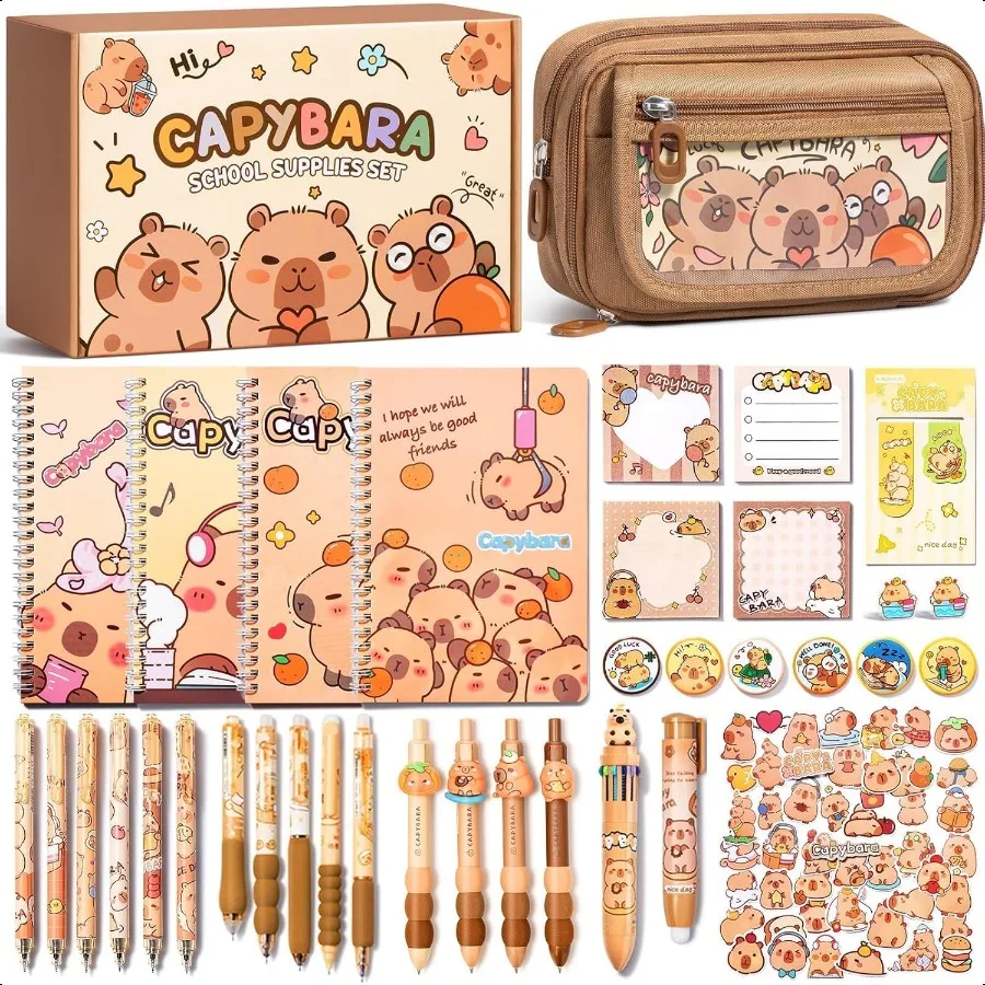 pleas-escolares-para-ninas-36-uds-bonito-juego-de-papeleria-de-capibara-con-estuche-para-lapices-boligrafos-de-gel-lapices-pegatinas-pines-cuadernos-notas-adhesivas