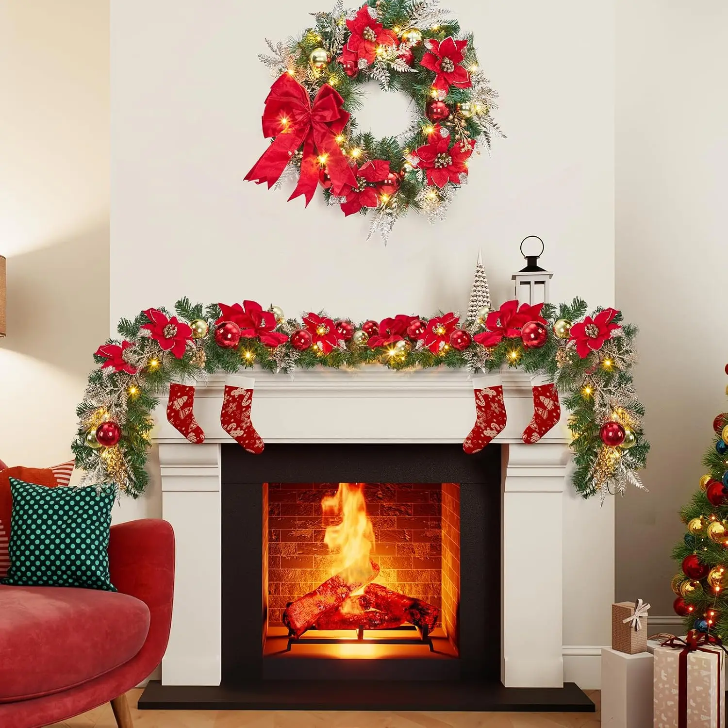 Garvee 6ft Pre-Lit Christmas Garland  Christmas Tree Wreaths Home Party Decoration Outdoor Yard Pine Rattan Hanging Ornaments Fireplace Stair Decor 20 LED Lights 8 Modes Red Gold - view 3