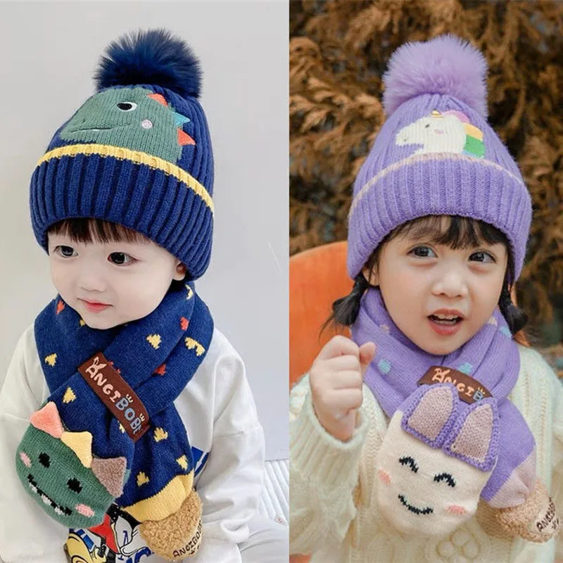 Doitbest 2022 Baby Kids Beanie Sets Dinosaur Rabbit Bear Cartoon 2 pcs Boys Girls Winter Villus Hat Scarf Set For 2 to 6 Years