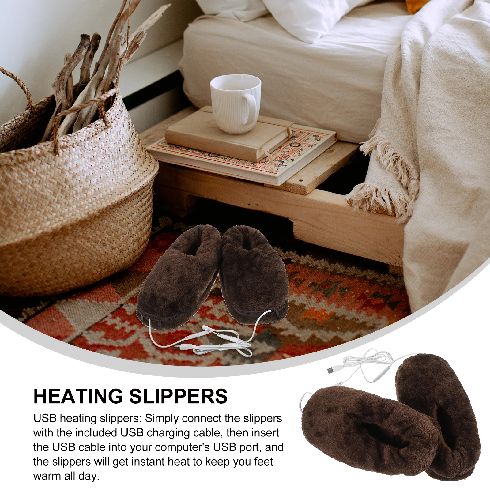 USB Foot Warmer Mens House Slippers Electric Heating Plush Women's Fluffy Socks