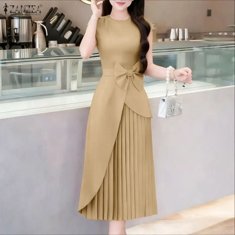 

Летние длинные платья ZANZEA для женщин: элегантные вечерние сарафаны с коротким рукавом и бантом, модные плиссированные миди-платья с оборками, уличная мода 2026
