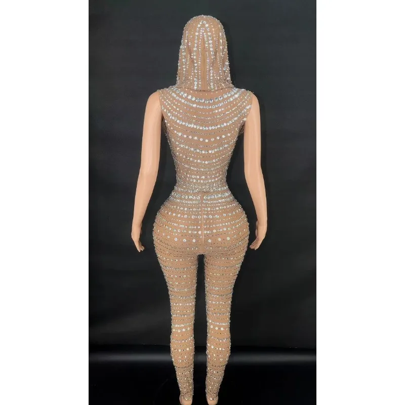 반짝이는 시스루 긴팔 장갑 다이아몬드 롬퍼 나이트 클럽 프롬 바디수트 여성 섹시 이브닝 파티 라인스톤 점프수트