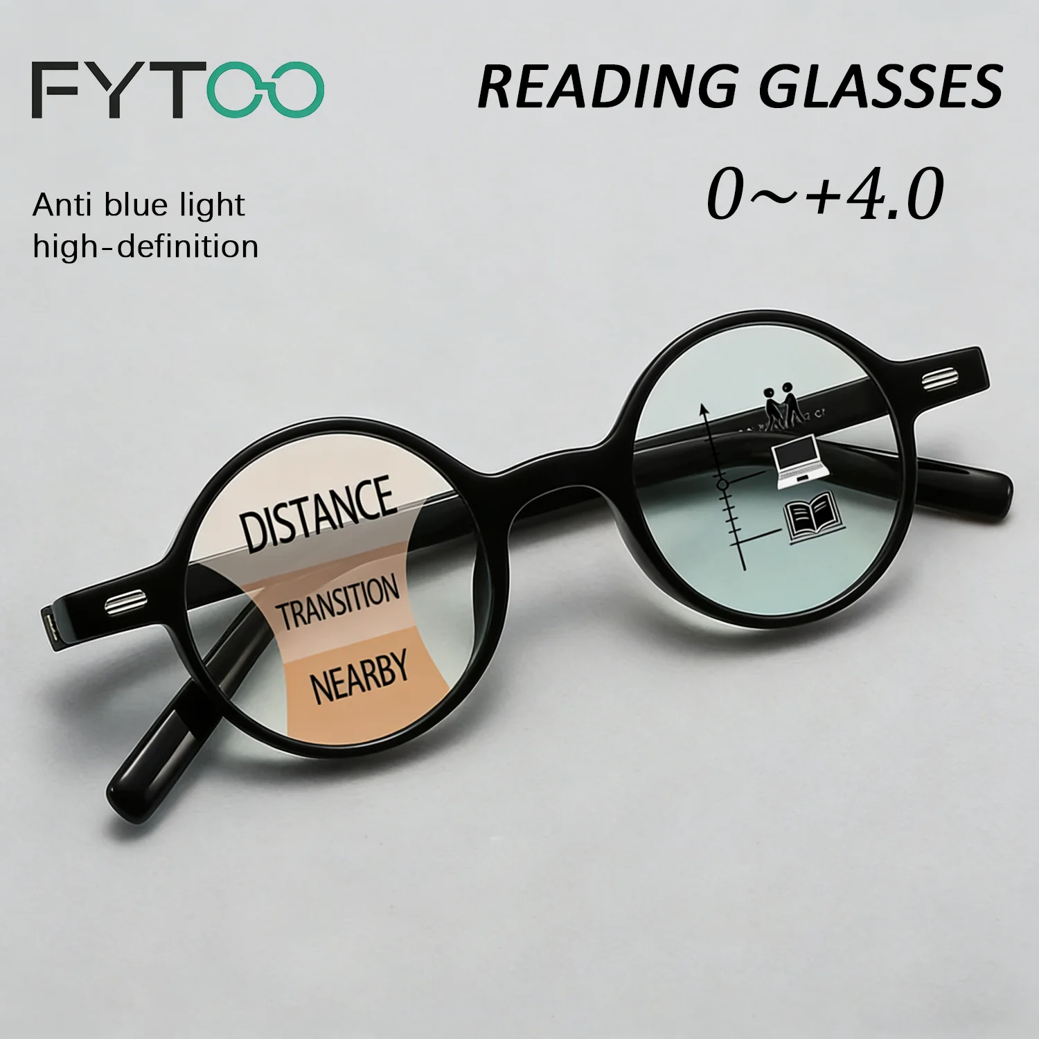

FYTOO Новые унисекс черные круглые оправы TR, стильные мультифокальные очки с блокировкой синего света. Идеально подходит для офиса, подарочных путешествий.