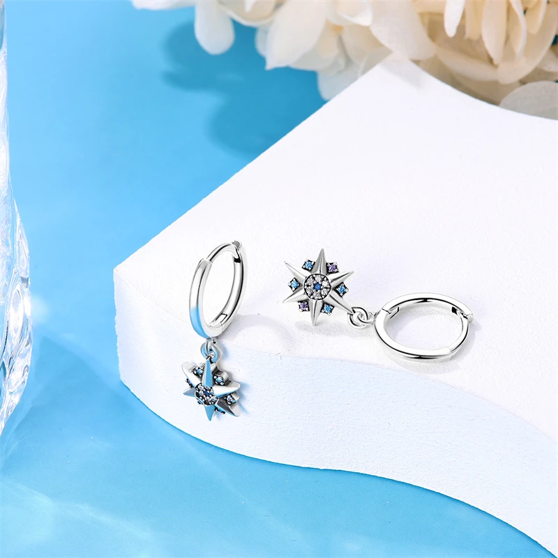 Hot Sales 925 Sterling Silver Star Moon Hexagram Hoop Earrings For Women Fine Birthday Anniversary Jewelry Gifts
