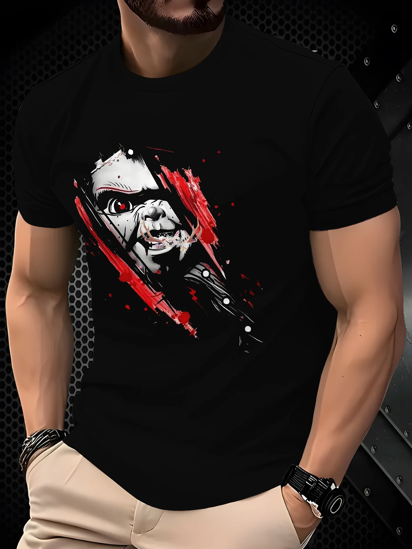 Dark Style Scary Doll Character Print Men Casual Short Sleeve Tee