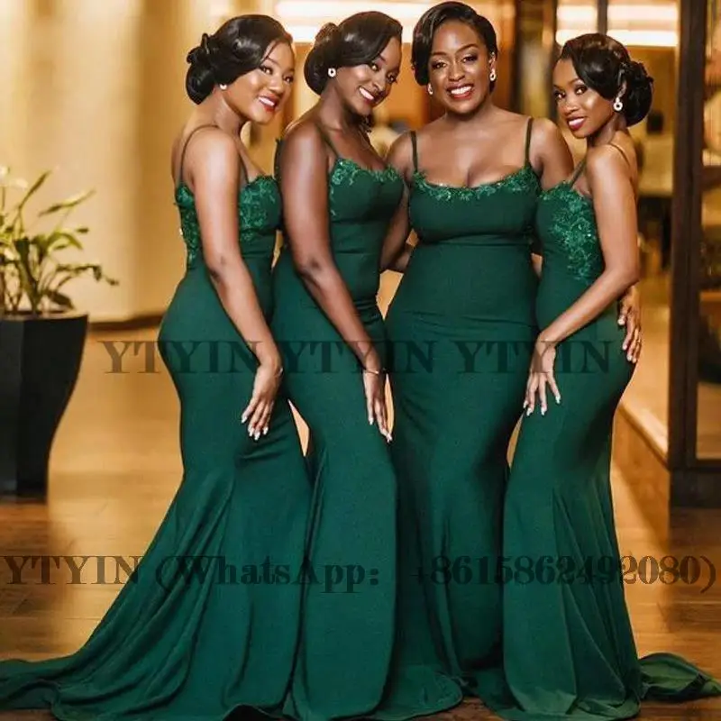 

Green African Bridesmaid Dresses Applique Spaghetti Strap Mermaid Wedding Guest Party Dress Maid Of Honor Gowns