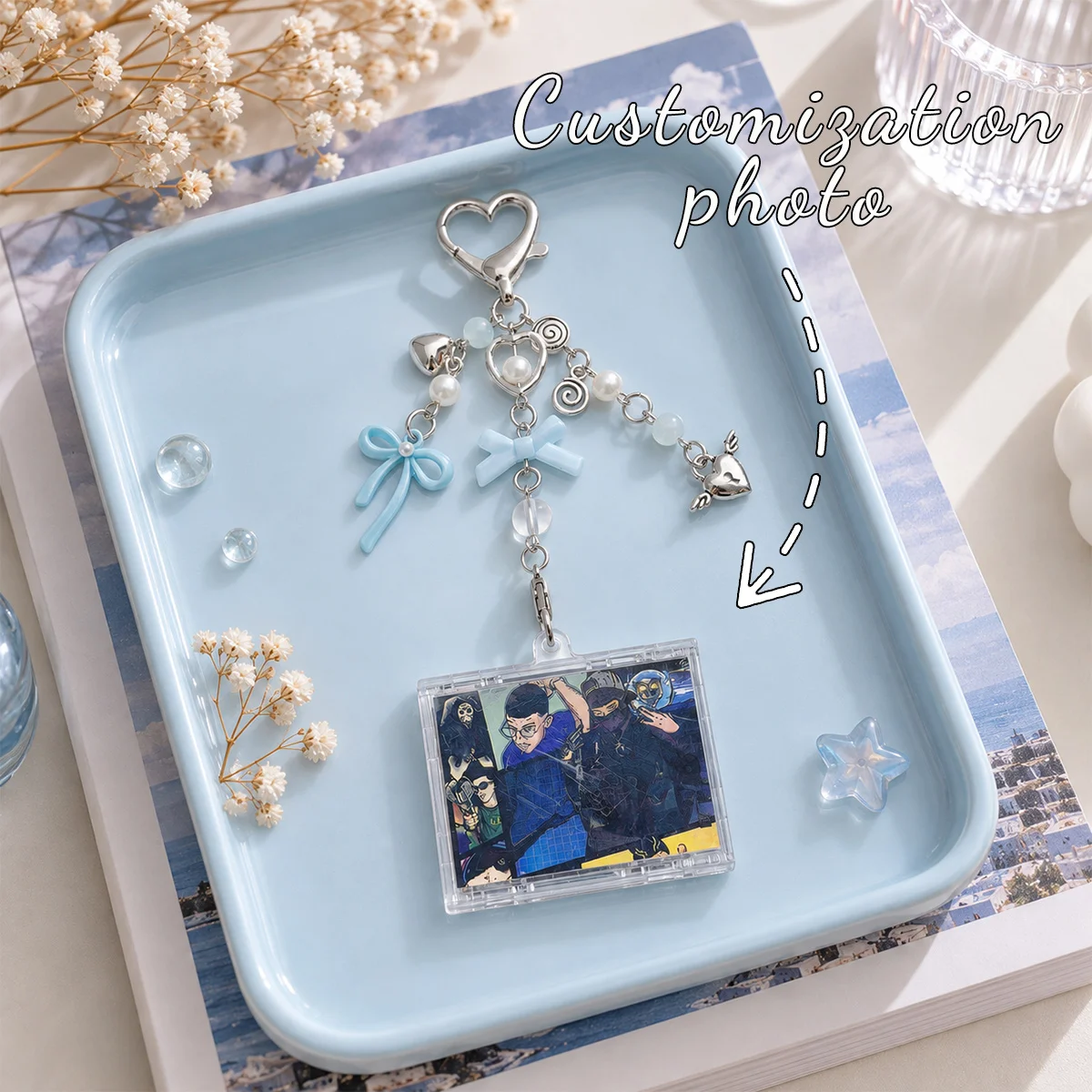 Cute Photo Frame Keychain, Acrylic Mini Photo Holder with Blue Bow Pearl Charms, Sweet Bag Pendant for Anime Fans