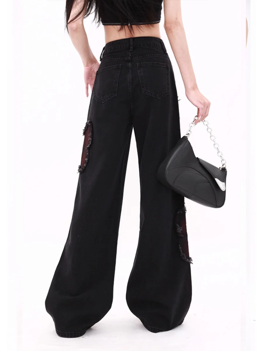 جينز جديد لربيع وخريف 2025 على شكل فراشة سوداء كلاسيكية أمريكية واسعة الساق للنساء سروال عالي الخصر للتخسيس مستقيم أزرق فاتح