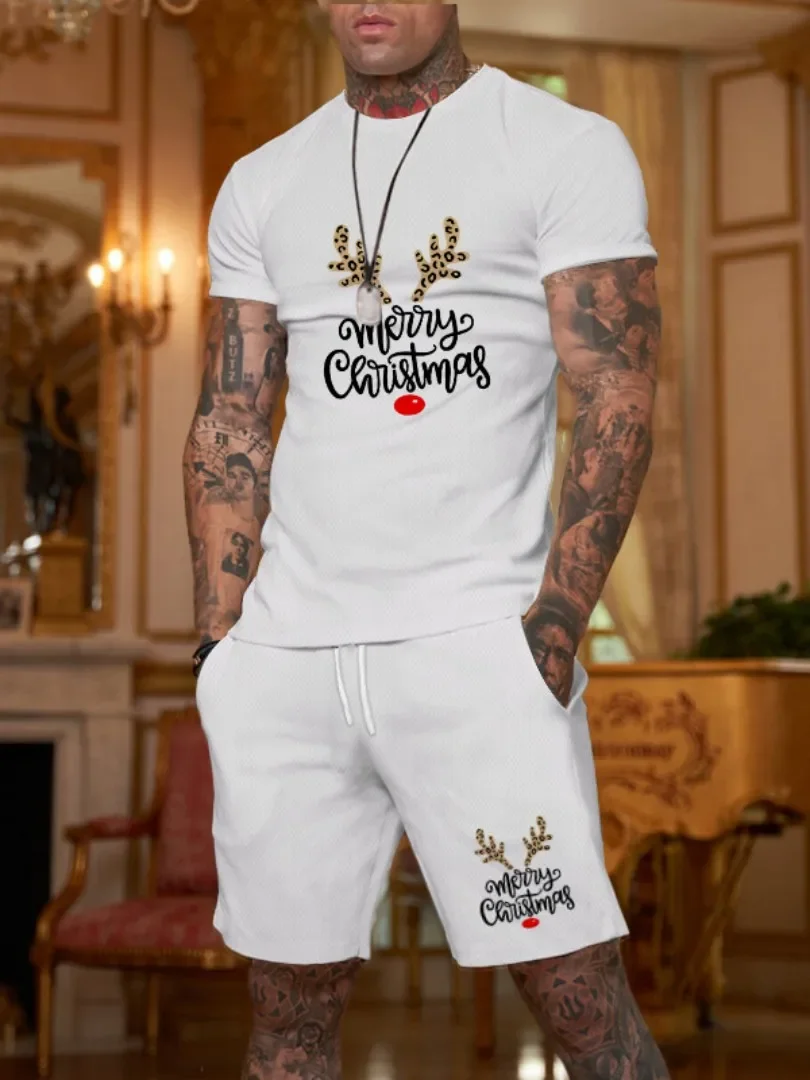 

Summer new men's casual two-piece round neck short sleeved T-shirt and pocket drawstring pants knitted outdoor sportswear