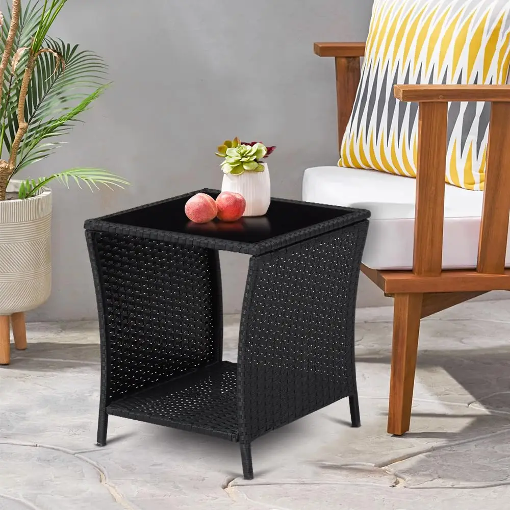 

Outdoor Side Table - Outdoor Wicker End Side Tables for Patio with Storage Shelf, Black, Customized
