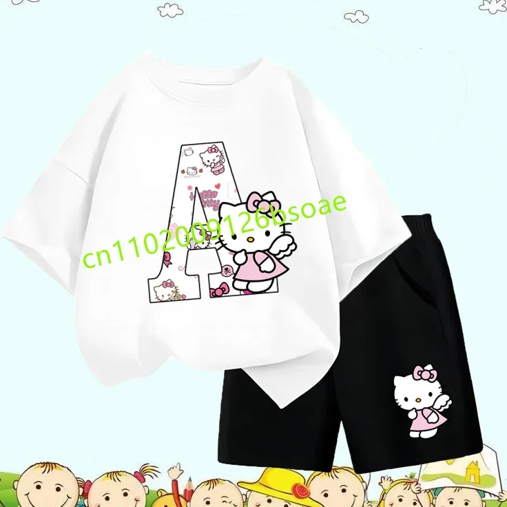 

Sanrio Summer T-shirt Set Girly Heart Clothes Kawaii Birthday Gift Hello Kitty Letter A-Z Children's Cotton Short-sleeved Suit