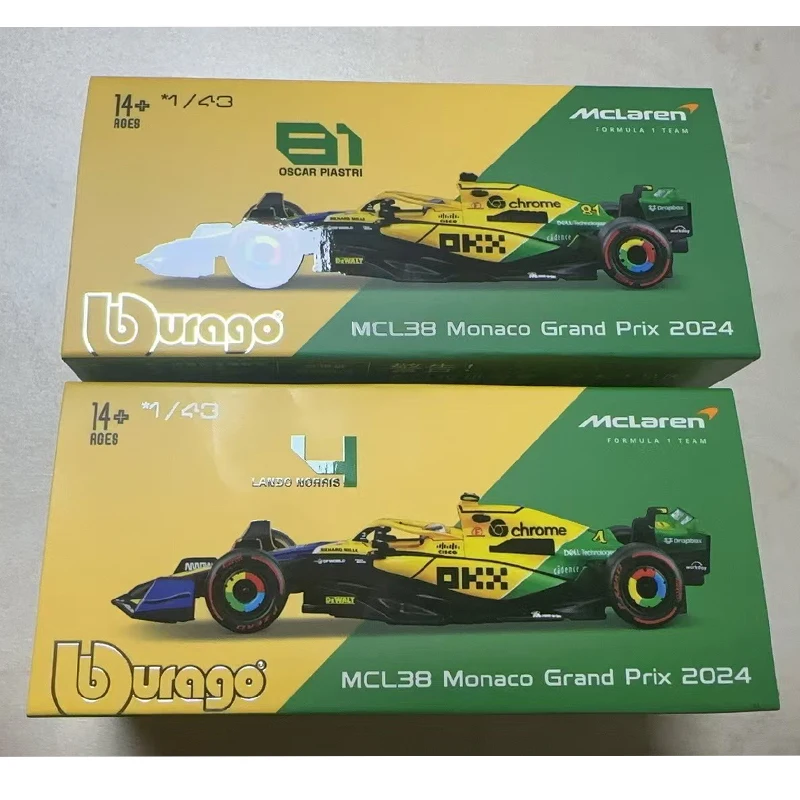 En Stock nuevo Bburago 1:43 Mclaren Mcl38 Monaco Gp aleación miniatura Mcl38 Miami Gp modelo fundido a presión # 4 # 81 Lando Norris Toys Regalo para niños