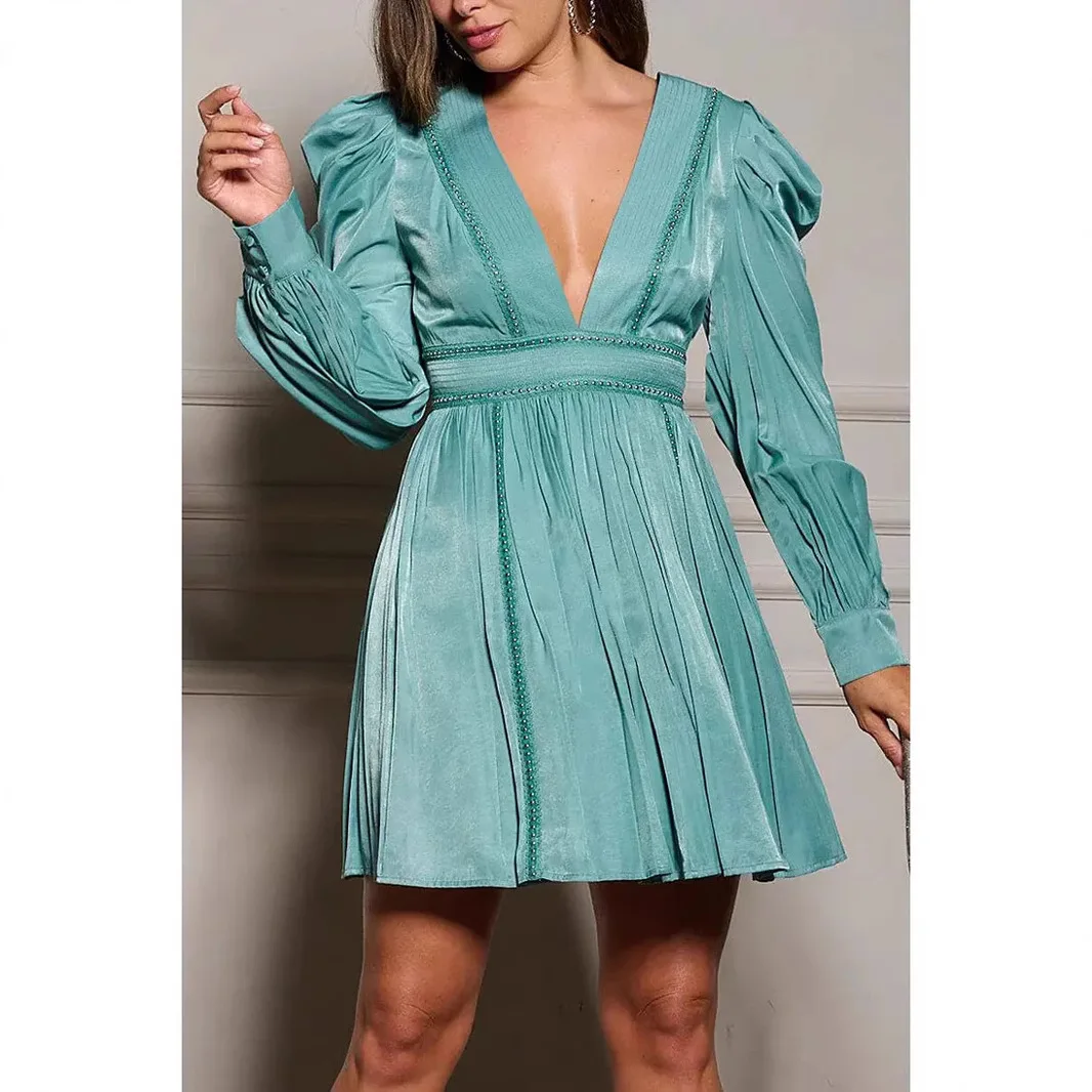 

2026 New V-Neck Long-Sleeve Women's Dress with Heavy Beaded Bubble Sleeves
