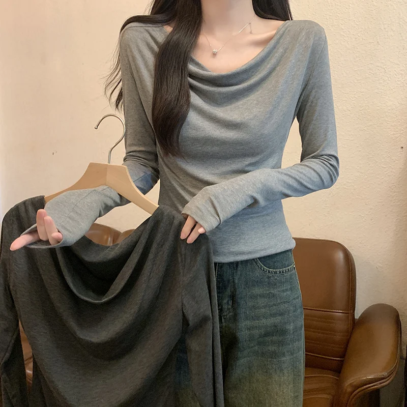 

Женская футболка из модала с длинными рукавами, ранняя весна 2024, новая облегающая внутренняя одежда, универсальный темпераментный топ с воротником в сложенном виде