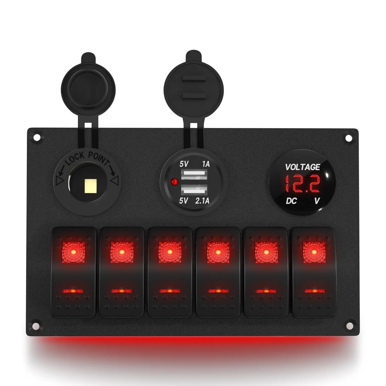 

Intelligent Library 6 Gang Rocker Switch Panel 12V Marine Switch Panel Waterproof Red LED Marine With USB Cigarette Lighter Sock