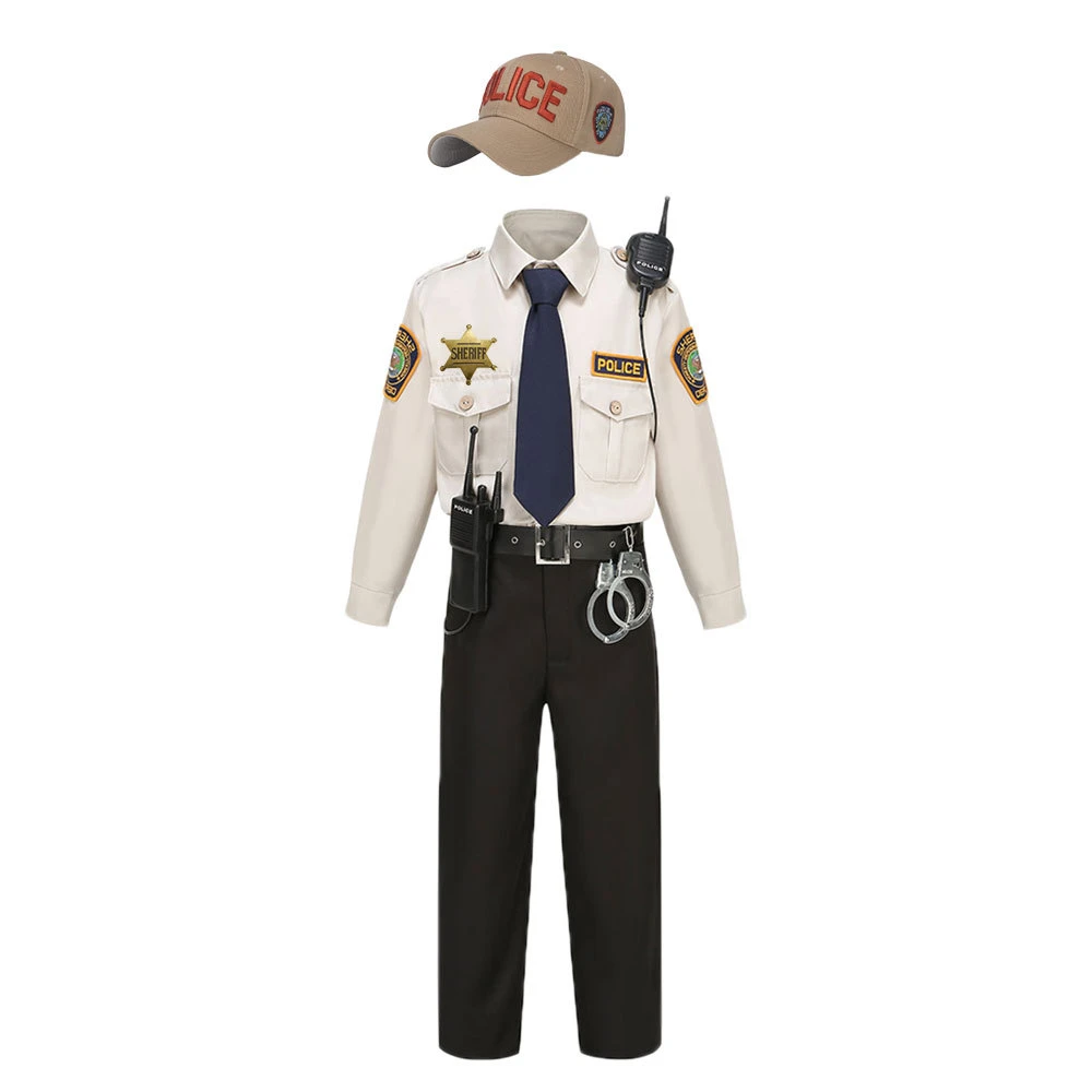 European American Boys Police Cosplay Costume Party Policeman Uniform Clothing Set Walkie-talkie Handcuffs Sheriff Accessories