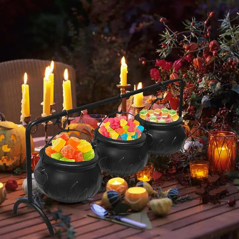 Halloween Set of 3 Witches Cauldron Serving Bowls on Rack Plastic Pocus Candy Bucket Cauldron for Home Kitchen Party Decoration