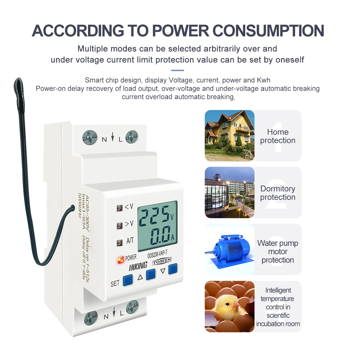 TOMZN Din Rail Adjustable Over Under Voltage Protective Device Current Temperature Limit Protection Voltmeter Ammeter KWh