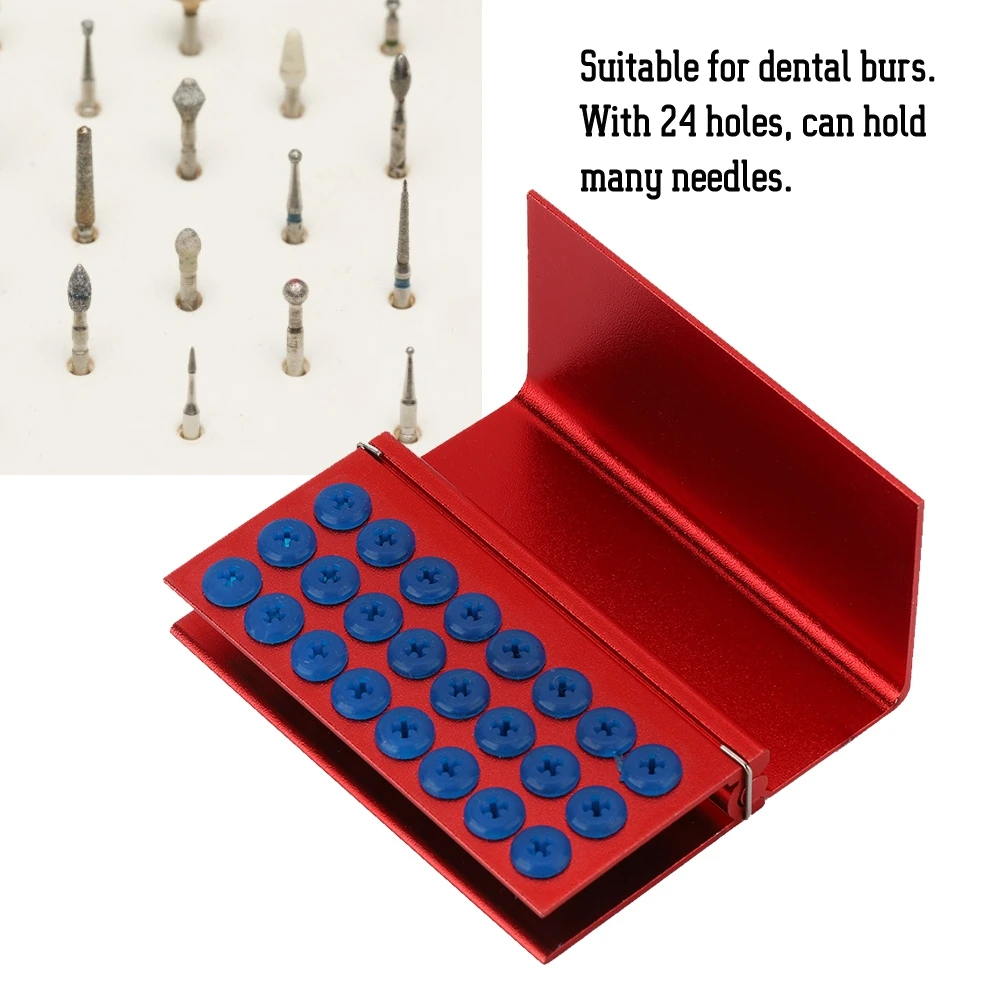 

24 Holes With Silicone Pad Aluminium Alloy Disinfection Box Dental High-speed Needle Burs Holder Autoclavable Dentist Tool Red