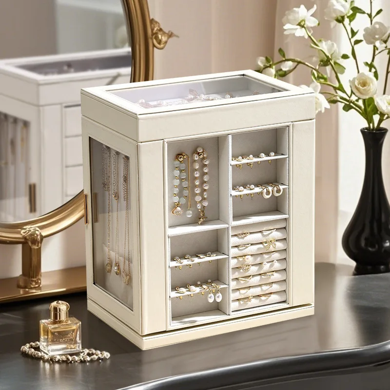 Large Capacity Leather Jewelry Storage Box Multi-Layer Window Design Earring Necklace Organizer Cross-Border Direct Sale