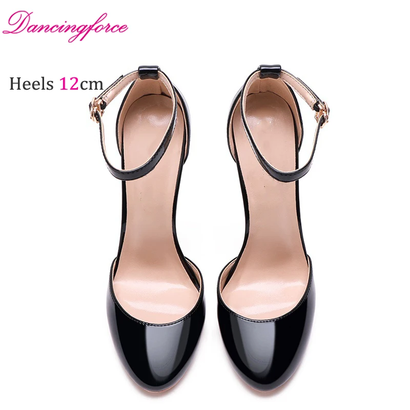 10cm 12cm Luxury Black Patent Leather Ankle Strap Stiletto Ladies Pumps Round Toe Sexy High Heel Shoes Women