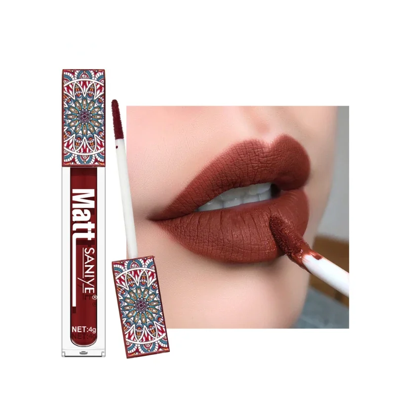 Impermeável Matte Nude Lip Gloss, vermelho escuro, duradouro, batom líquido de veludo, maquiagem feminina, esmalte, pigmento marrom, 1pc