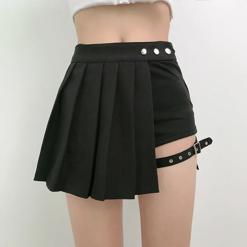 Rok lipit motif Gotik untuk wanita, Rok lipit motif Punk Harajuku musim panas, rok hitam pinggang tinggi asimetris untuk wanita